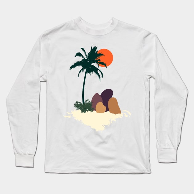 Minimalist Abstract Nature Art #39 Tropical Beach Tree and Rocks Long Sleeve T-Shirt by Insightly Designs